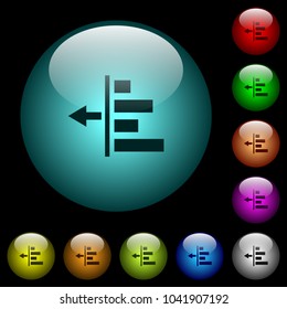 Decrease left indentation of content icons in color illuminated spherical glass buttons on black background. Can be used to black or dark templates