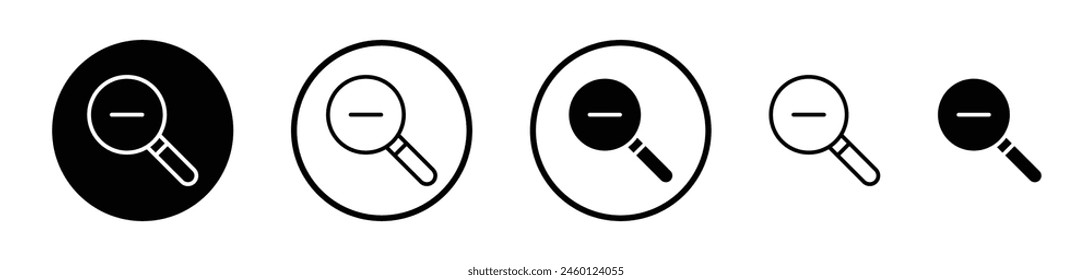 Decrease Magnification Icon Set. Minus sign on magnifying glass vector symbol.