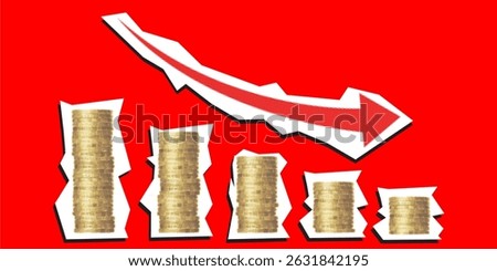 Decrease money dotted collage element pointilize coin stack and down arrow in paper torn vector for loss, economic decline, and downward finance. Ideal for bold abstract downturn