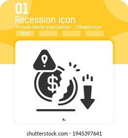 Decrease money icon with solid glyph style isolated on white background. Graphics illustration recession, disadvantage business symbol for ui, ux, website, finance, logo, mobile apps and all project
