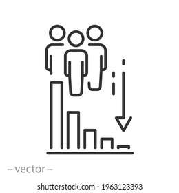 decrease population icon, less people, decline amount, demography drop, thin line symbol on white background - editable stroke vector eps10