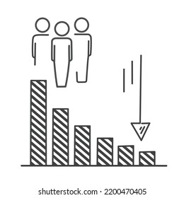 decrease population icon, less people, decline amount, demography drop, thin line symbol on white background - editable stroke vector eps10.