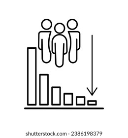 decrease population icon, less people, decline amount, demography drop, thin line symbol on white background - editable stroke vector