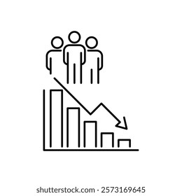 decrease population icon, less people, decline amount, demography drop, thin line symbol on white background - icon vector