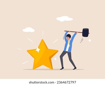 Decrease reputation concept. Downgrade credit rating, trust or score drop, negative feedback, loss credit score or reduction, businessman hit star credit rating with big hammer.