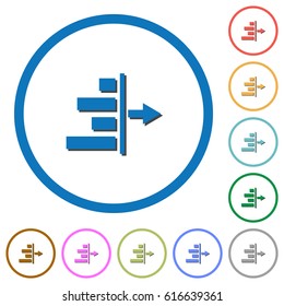 Decrease right indentation of content flat color vector icons with shadows in round outlines on white background