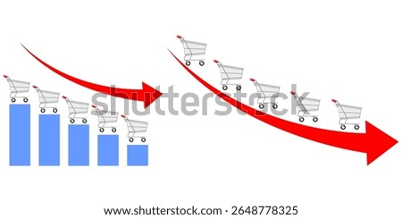 Decrease sale vector with shopping cart, bar graph, and downward arrow. Illustrates sales decline, market challenges, or reduced consumer activity. Ideal for financial analysis and business reports.
