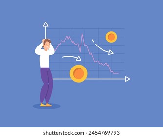 decrease in share value. sales, profits, income or revenue continue to decline. decline in financial conditions. a panicked businessman looking at a financial graph. illustration concept design. graph