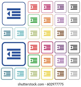 Decrease text indentation color flat icons in rounded square frames. Thin and thick versions included.