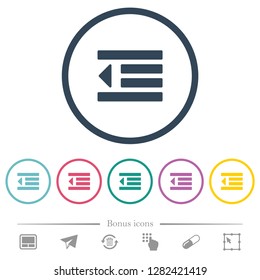 Decrease text indentation flat color icons in round outlines. 6 bonus icons included.