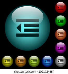 Decrease text indentation icons in color illuminated spherical glass buttons on black background. Can be used to black or dark templates