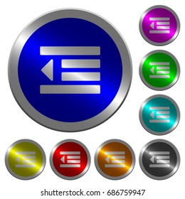 Decrease text indentation icons on round luminous coin-like color steel buttons