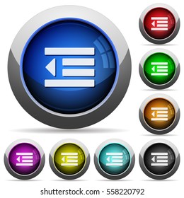 Decrease text indentation icons in round glossy buttons with steel frames