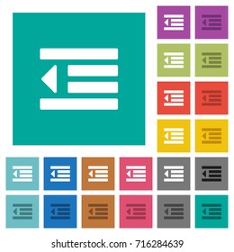 Decrease text indentation multi colored flat icons on plain square backgrounds. Included white and darker icon variations for hover or active effects.