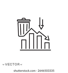 decrease waste line icon, reducing discarded garbage concept, thin line symbol isolated on white background, editable stroke eps 10 vector illustration