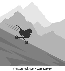 Decreased child birth rate. The baby carriage falls. demographic issues. Monochrome vector illustration.