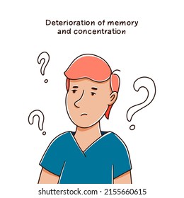 Decreased Concentration And Memory Concept. Memory Impairment. Consequences Of Covid 19.Vector Hand Drawn Illustration