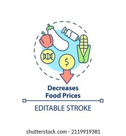 Decreases food prices concept icon. Genetically modified food. Advantages of gmo abstract idea thin line illustration. Isolated outline drawing. Editable stroke. Arial, Myriad Pro-Bold fonts used