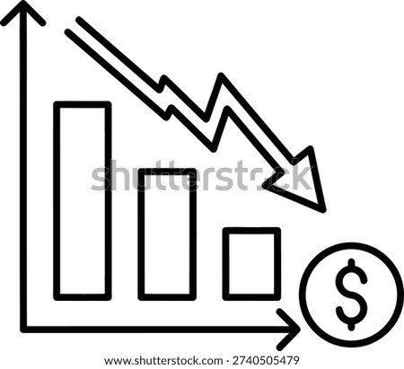 Decreasing bar chart with dollar sign and downward trend line decreasing trend downward arrow graph