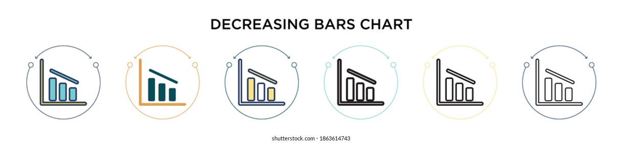 Decreasing bars chart icon in filled, thin line, outline and stroke style. Vector illustration of two colored and black decreasing bars chart vector icons designs can be used for mobile, ui, web