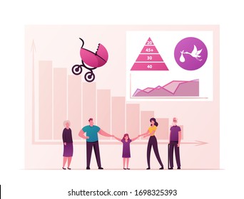 Decreasing Birth Rate, Fertility and Population Control Concept. Family Characters with Child, Stroller and Declining Bar Graph, Stork with Baby, Statistics Charts. Cartoon People Vector Illustration