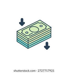 Icono de flujo de caja decreciente con billetes y flechas hacia abajo para gastos y pérdidas financieras.