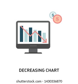 Decreasing chart icon. Business graph chart with red decreasing arrow. Vector illustration in modern flat style.