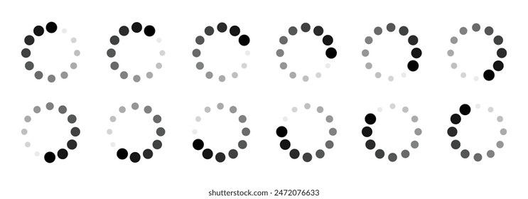 Decreasing circle size buffering icon set in 12 shades of black colour. Circle processing, progressing, loading, buffering symbols in twelve shades of black colour isolated on white background.