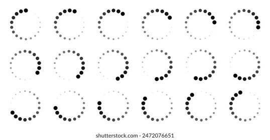 Decreasing circle size buffering symbol set in 18 shaded of black colour. Decreasing circle progressing, processing, loading or buffering indicator symbol set of eighteen shades of black colour.