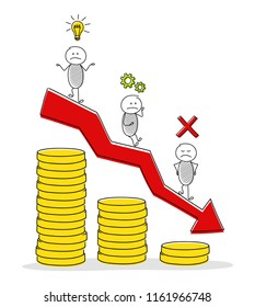 Decreasing coin stacks graph with funny stickmen and business icons. Vector.