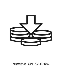 Decreasing Coin Stacks. thin line icon. Isolated on white background. 