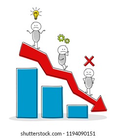 Decreasing column graph with funny stickmen and business icons. Vector.