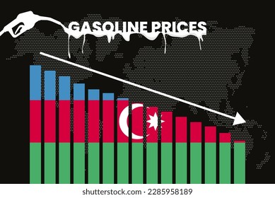 Decreasing of gasoline price in Azerbaijan change and volatility in fuel prices, bar chart graph, dropping values, Azerbaijan flag on bar graph, down arrow on data, news banner idea