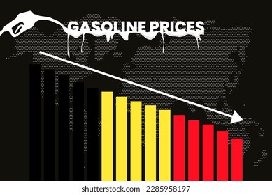 Decreasing of gasoline price in Belgium change and volatility in fuel prices, bar chart graph, dropping values, Belgium flag on bar graph, down arrow on data, news banner idea