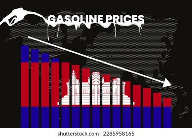 Decreasing of gasoline price in Cambodia change and volatility in fuel prices, bar chart graph, dropping values, Cambodia flag on bar graph, down arrow on data, news banner idea