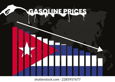 Decreasing of gasoline price in Cuba change and volatility in fuel prices, bar chart graph, dropping values, Cuba flag on bar graph, down arrow on data, news banner idea