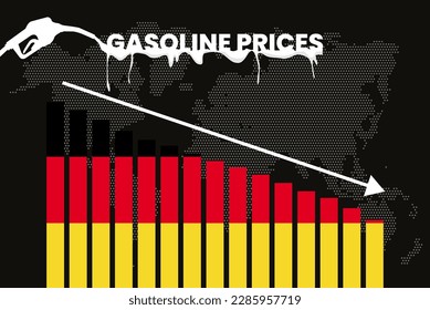 Disminución del precio de la gasolina en Alemania cambio y volatilidad en los precios de los combustibles, gráfico de barras, valores en baja, bandera alemana en gráfico de barras, flecha abajo en datos, idea de banner de noticias