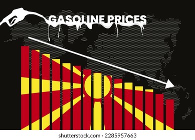 Decreasing of gasoline price in Macedonia change and volatility in fuel prices, bar chart graph, dropping values, Macedonia flag on bar graph, down arrow on data, news banner idea