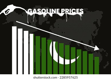 Decreasing of gasoline price in Pakistan change and volatility in fuel prices, bar chart graph, dropping values, Pakistan flag on bar graph, down arrow on data, news banner idea