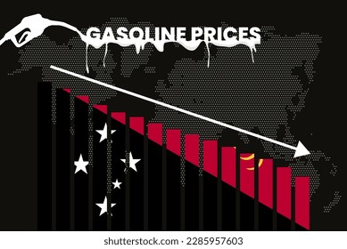 Decreasing of gasoline price in Papua New Guinea change and volatility in fuel prices, bar chart graph, dropping values, Papua New Guinea flag on bar graph, down arrow on data, news banner idea