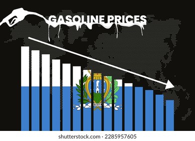 Decreasing of gasoline price in San Marino change and volatility in fuel prices, bar chart graph, dropping values, San Marino flag on bar graph, down arrow on data, news banner idea