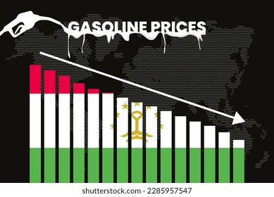 Decreasing of gasoline price in Tajikistan change and volatility in fuel prices, bar chart graph, dropping values, Tajikistan flag on bar graph, down arrow on data, news banner idea