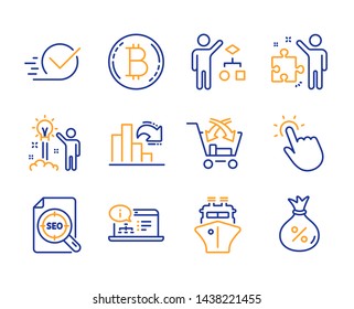 Decreasing graph, Bitcoin and Algorithm icons simple set. Strategy, Cross sell and Checkbox signs. Touchpoint, Seo file and Creative idea symbols. Online documentation, Ship and Loan. Vector