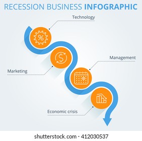 Decreasing Graph Concept. Arrow Depict Recession Business And Process. Flat Vector Illustration Of Downward Arrow And Business Icons. Infographic Elements, Template For Web, Publish, Social Networks.