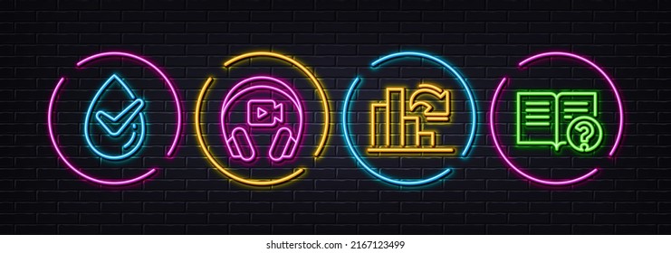 Decreasing graph, Dermatologically tested and Headphones minimal line icons. Neon laser 3d lights. Help icons. For web, application, printing. Column chart, Organic, Video camera. Vector