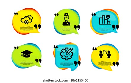 Gráfica de disminución, conjunto simple de iconos de la tapa de doctor y graduación. Burbuja del discurso con citas. Tiempo de nieve, equipo de ajustes y carteles de distanciamiento social. Gráfico de crisis, Medicina, Universidad. Vector
