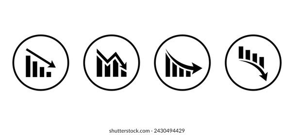 Decreasing graph icon vector on circle line. Company bankruptcy report vector. Market crash concept