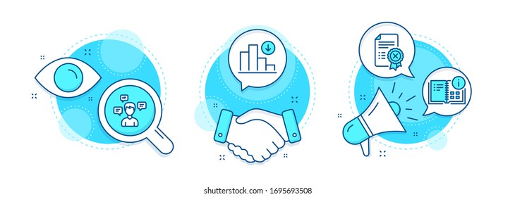 Decreasing Graph, Instruction Info And Reject Certificate Line Icons Set. Handshake Deal, Research And Promotion Complex Icons. Conversation Messages Sign. Crisis Chart, Project, Decline File. Vector