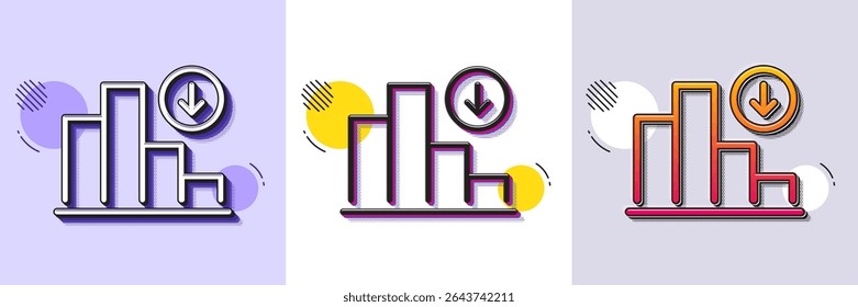 Ícone de linha de gráfico decrescente. Padrão pontilhado de meio-tom. Ícone de gradiente com sombra de grão. Sinal do gráfico de coluna. Símbolo do diagrama de crise. Ícone de gráfico de linha decrescente. Vários desenhos. Vetor