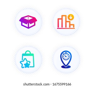 Decreasing graph, Loyalty points and Open box icons simple set. Button with halftone dots. Timer sign. Crisis chart, Bonus bags, Delivery package. Location pointer. Business set. Vector